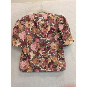 Good Times Vintage Floral Blouse Short Sleeve Button Front Women's Top M